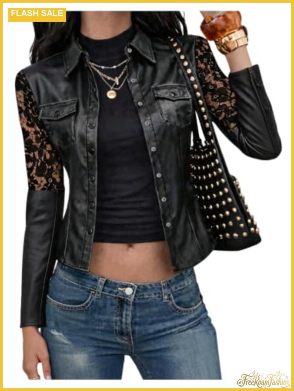 Faux Leather Lace Sleeve Button Down Moto Jacket